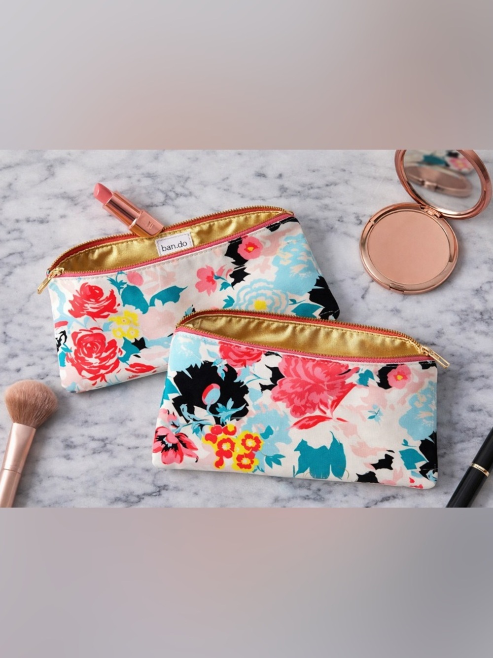 Ban.do Floral Makeup Bag Set Cosmetic Pouch Bundle Travel Organizer Zipper New